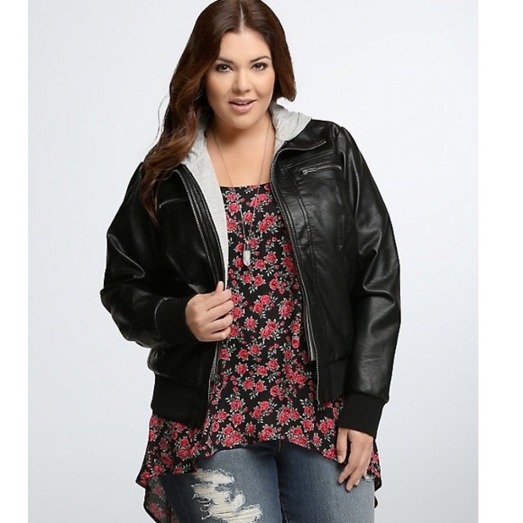 faux leather hooded bomber jacket